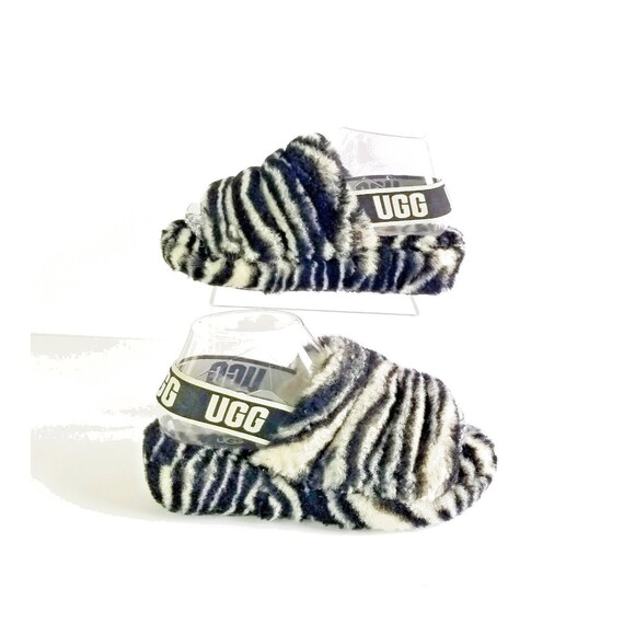 UGG Fluff Yeah Slide Black White Zebra Slipper Sandal Sz 5 36 Sheepskin Fur - Picture 7 of 14